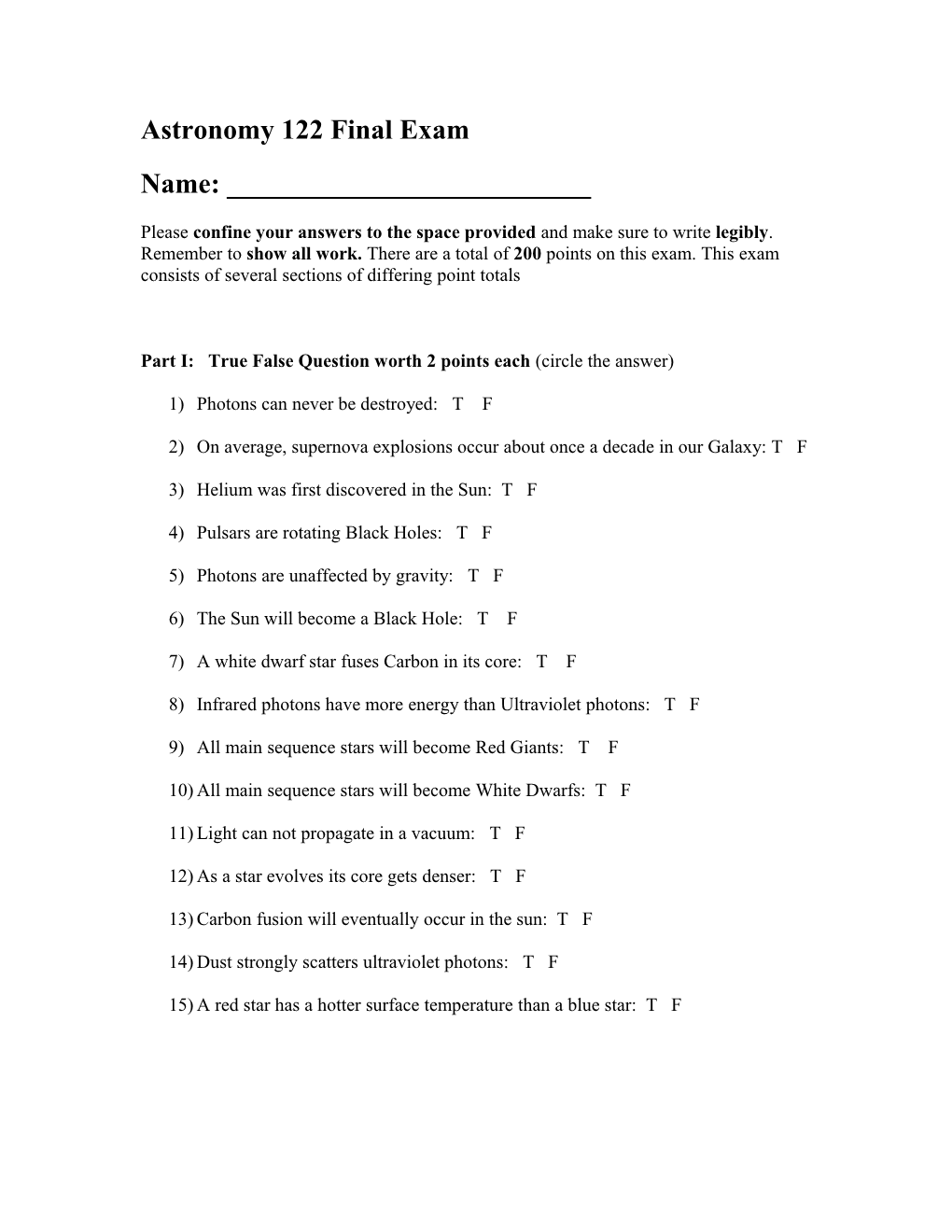 Astronomy 122 Final Exam