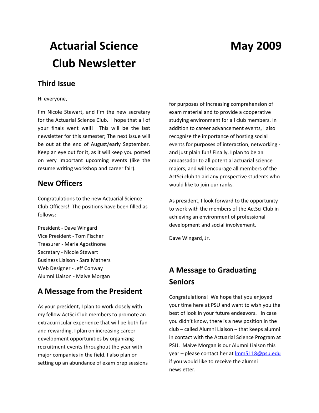 Actuarial Science Club Newsletter
