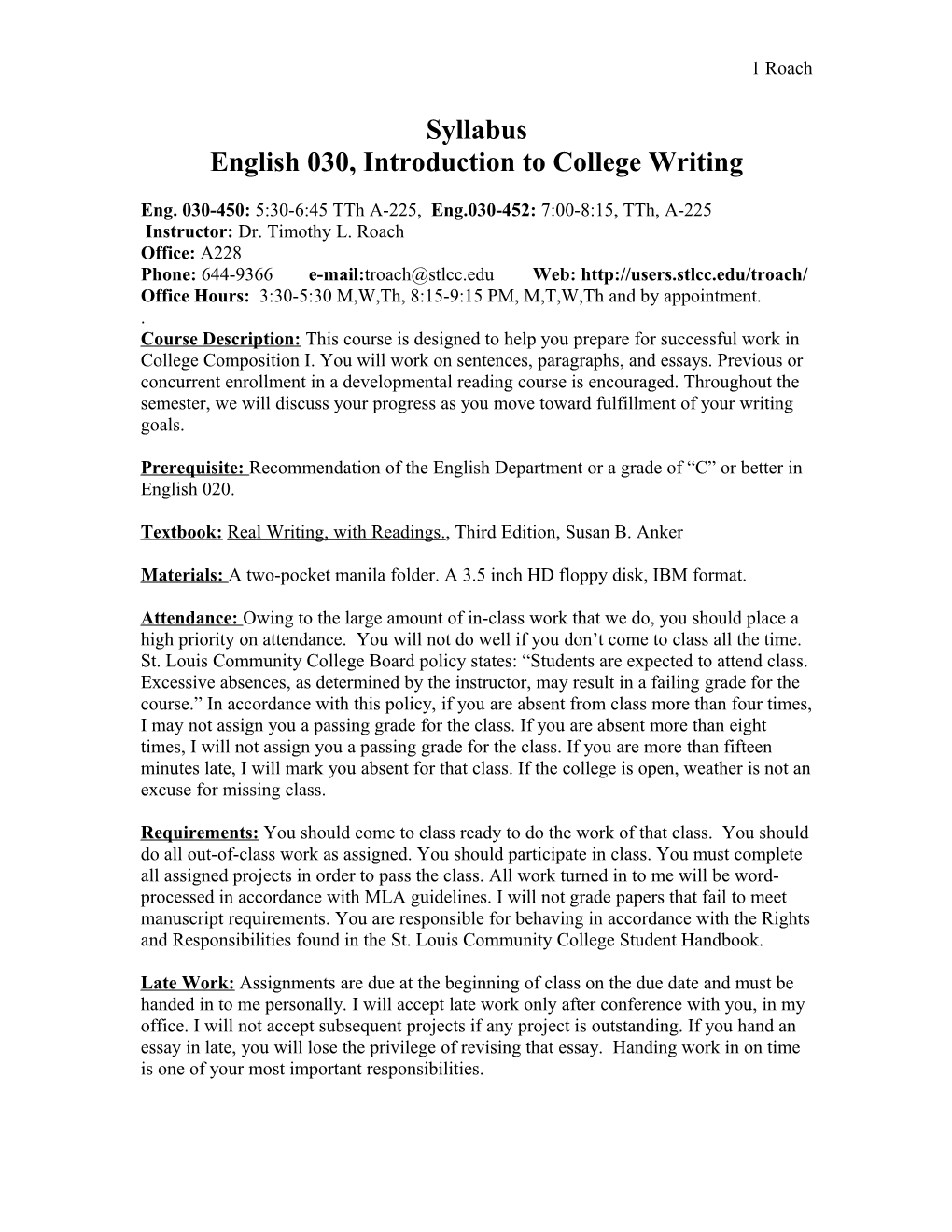 English 030, Introduction to College Writing