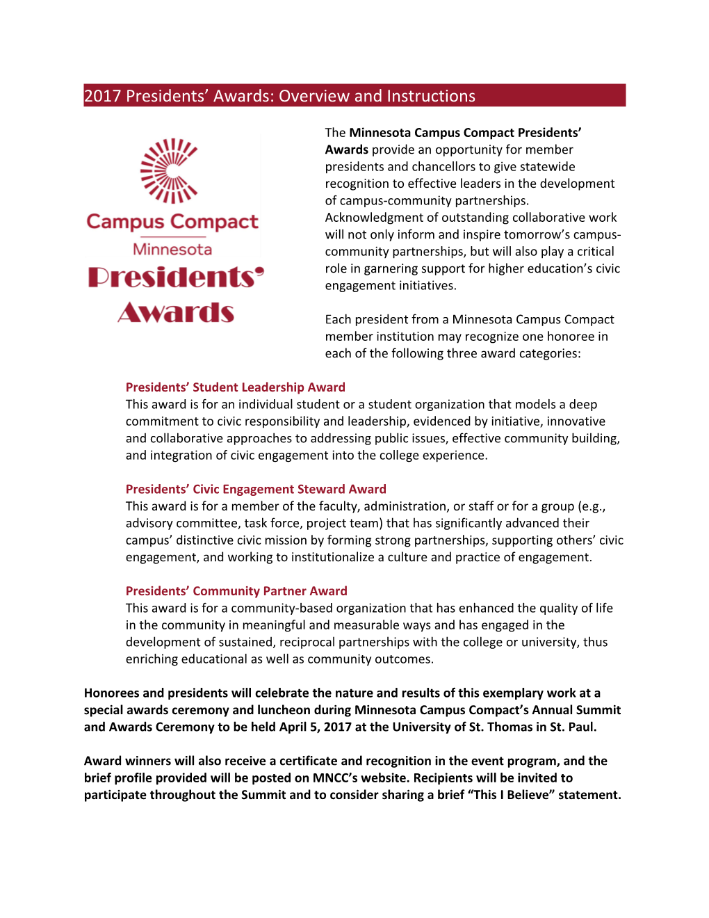 2017 Presidents Awards: Overview and Instructions