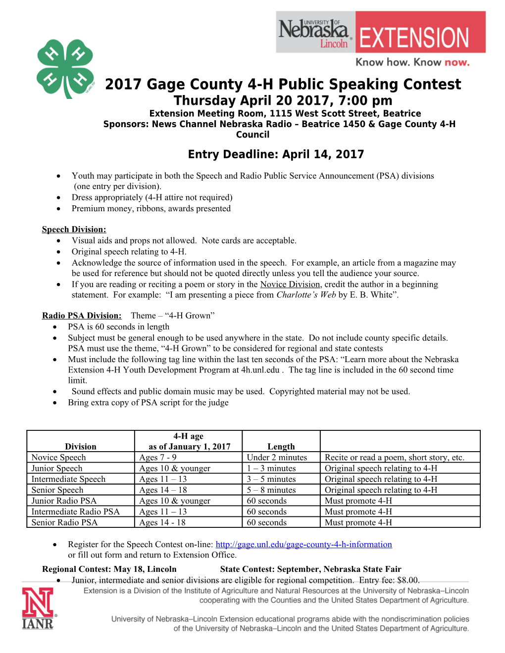 2017 Gage County 4-H Public Speaking Contest