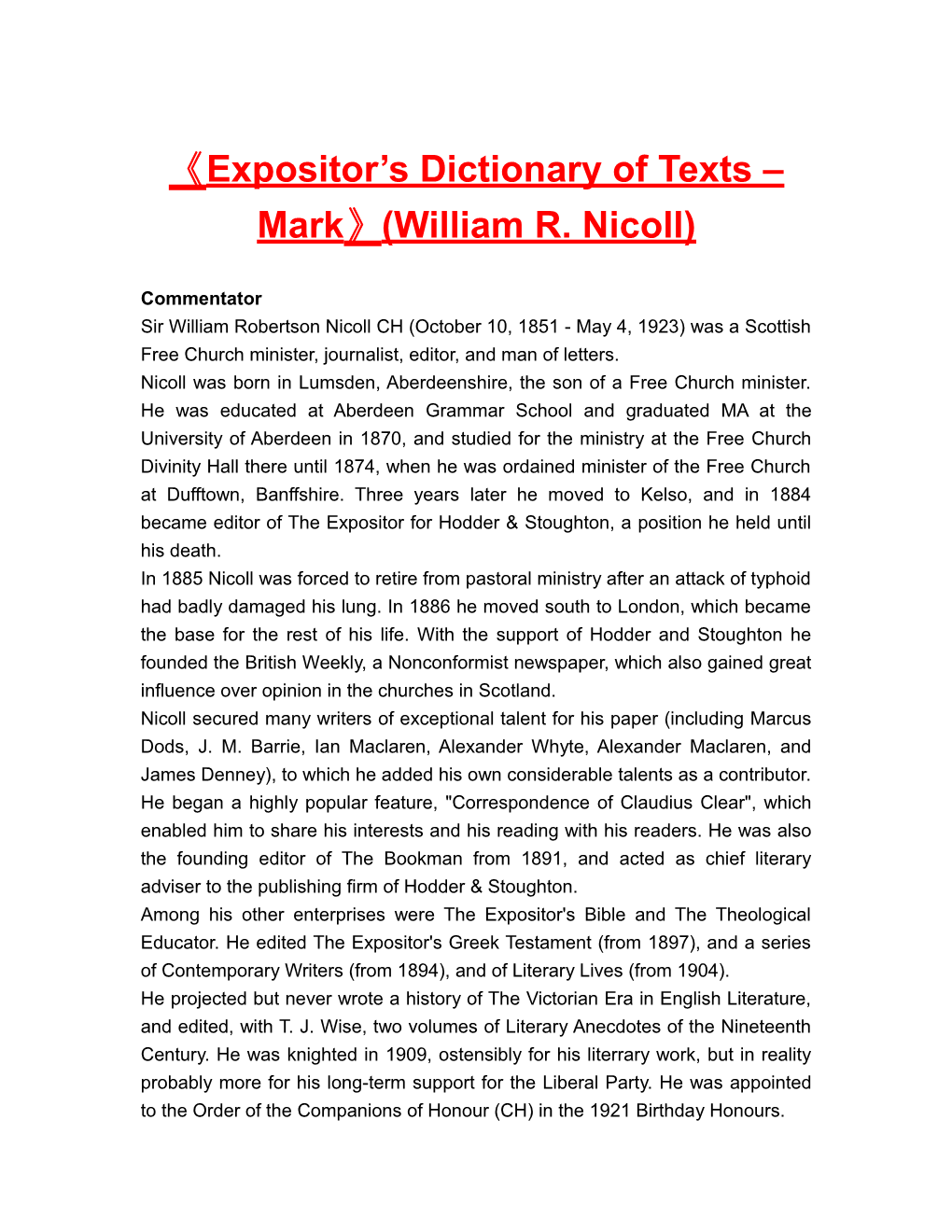 Expositor S Dictionaryof Texts Mark (William R. Nicoll)