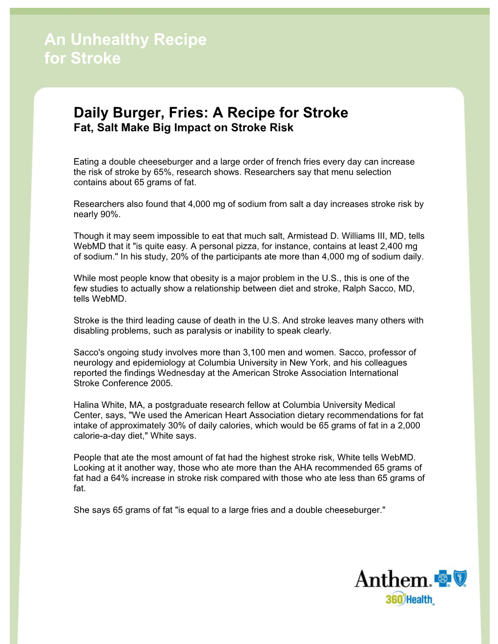 Daily Burger, Fries: a Recipe for Stroke