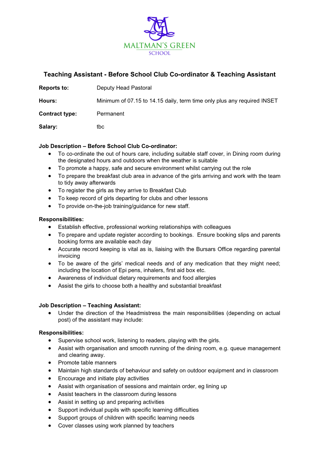 Teaching Assistant - Before School Club Co-Ordinatorteaching Assistant