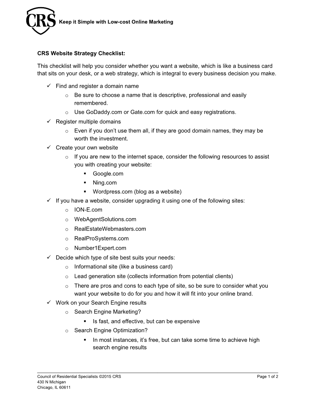 CRS Website Strategy Checklist