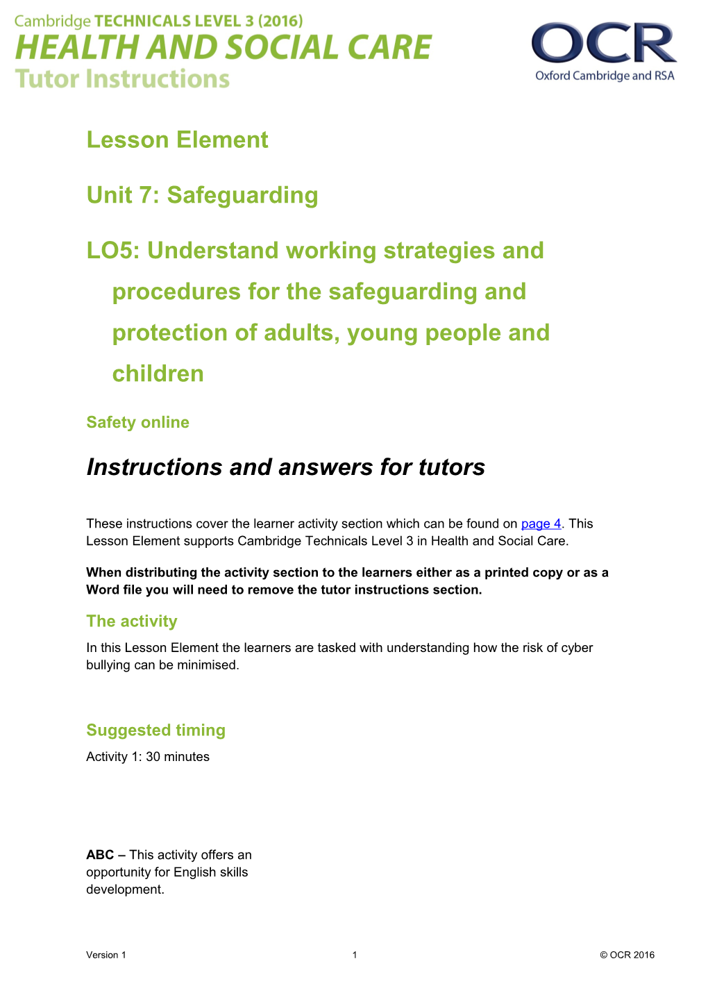 Cambridge Technicals Level 3 Health and Social Care U07 Lesson Element 1