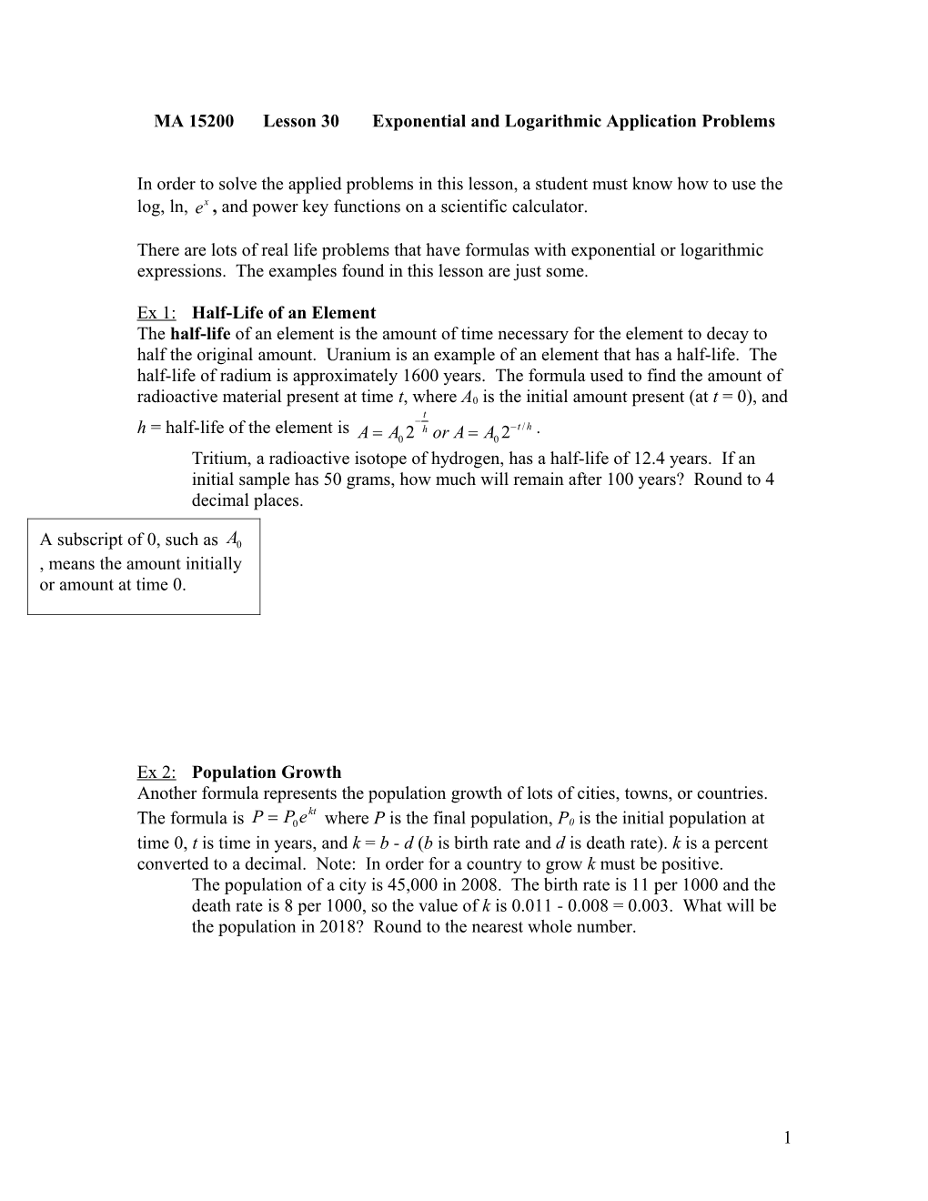 MA 15200Lesson 30Exponential and Logarithmic Application Problems