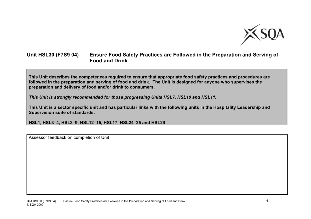 Unit HSL30 (F7S9 04)Ensure Food Safety Practices Are Followed in the Preparation and Serving