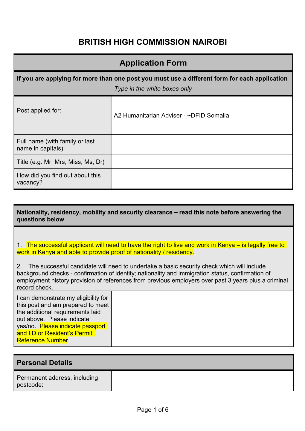 Application Form for Livelihoods and Pro-Poor Growth Adviser, DFID Zimbabwe