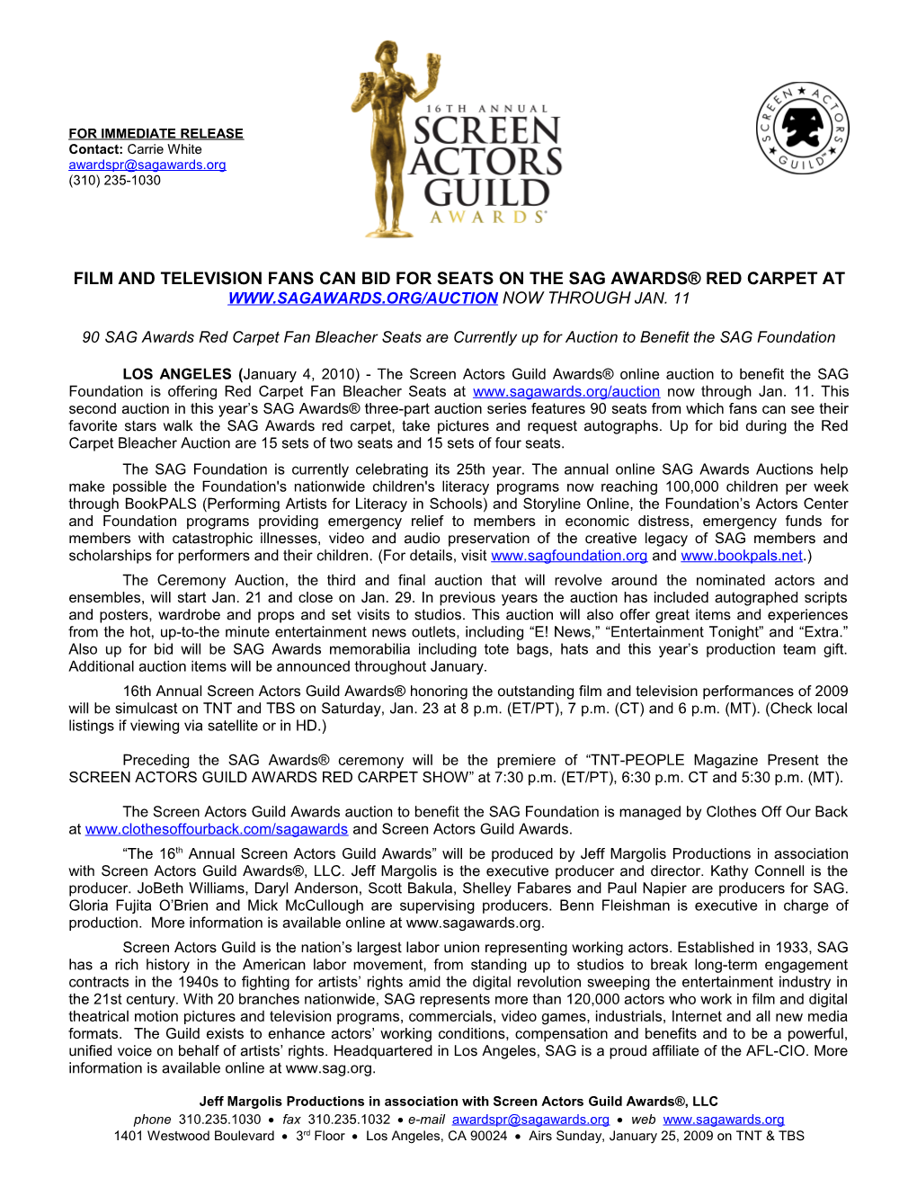 Film and Television Fans CAN BID for SEATS on the Sag Awards Red Carpet at THROUGHJAN