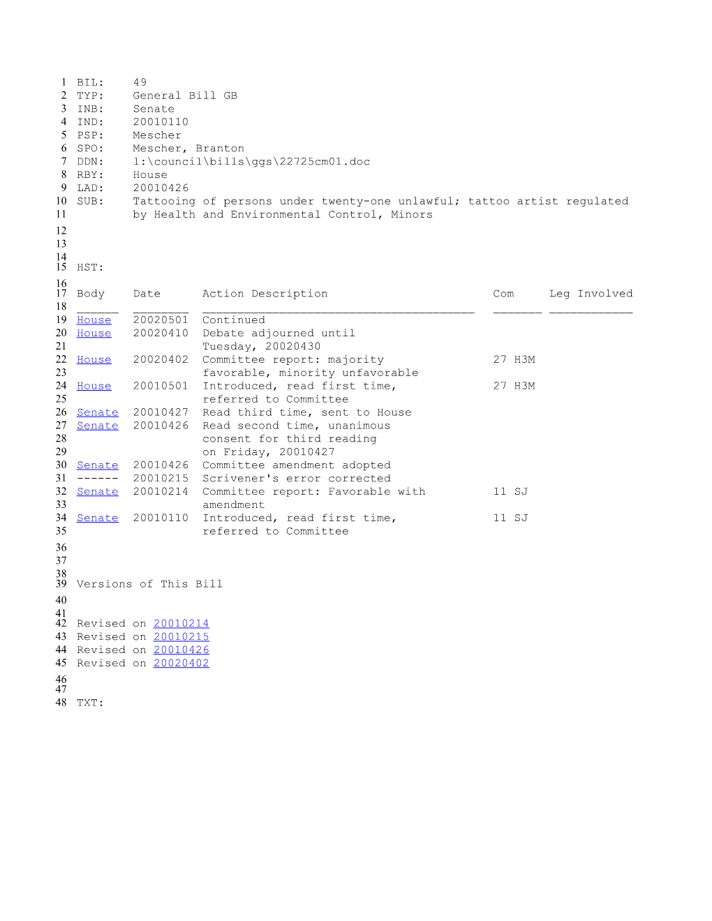 2001-2002 Bill 49: Tattooing of Persons Under Twenty-One Unlawful; Tattoo Artist Regulated