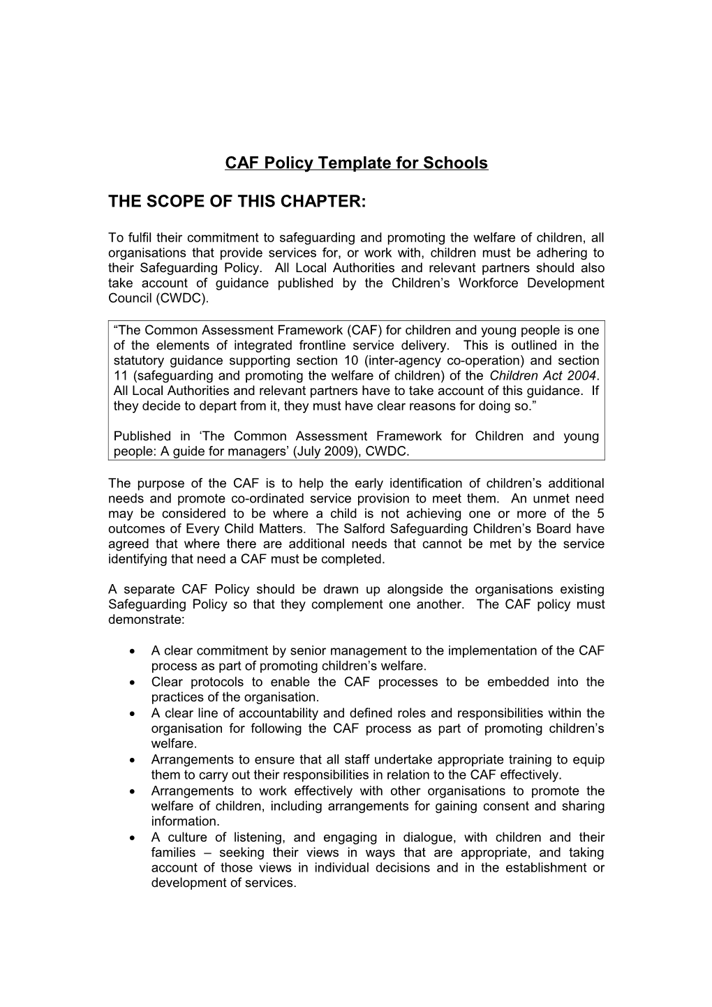 CAF Policy Template for Schools, Voluntary Organisations