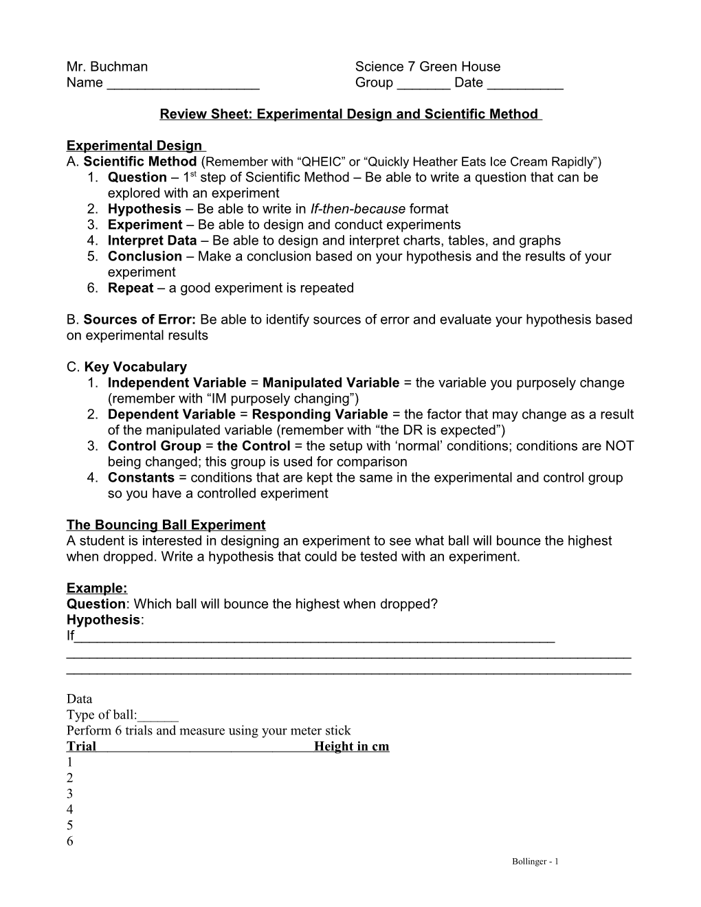 Review Sheet: Experimental Design and Scientific Method