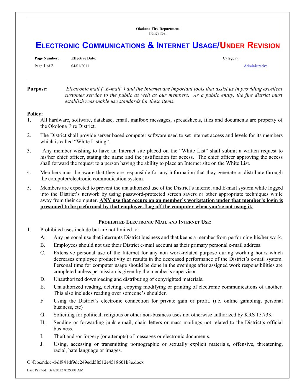 Electronic Communications & Internet Usage/Under Revision