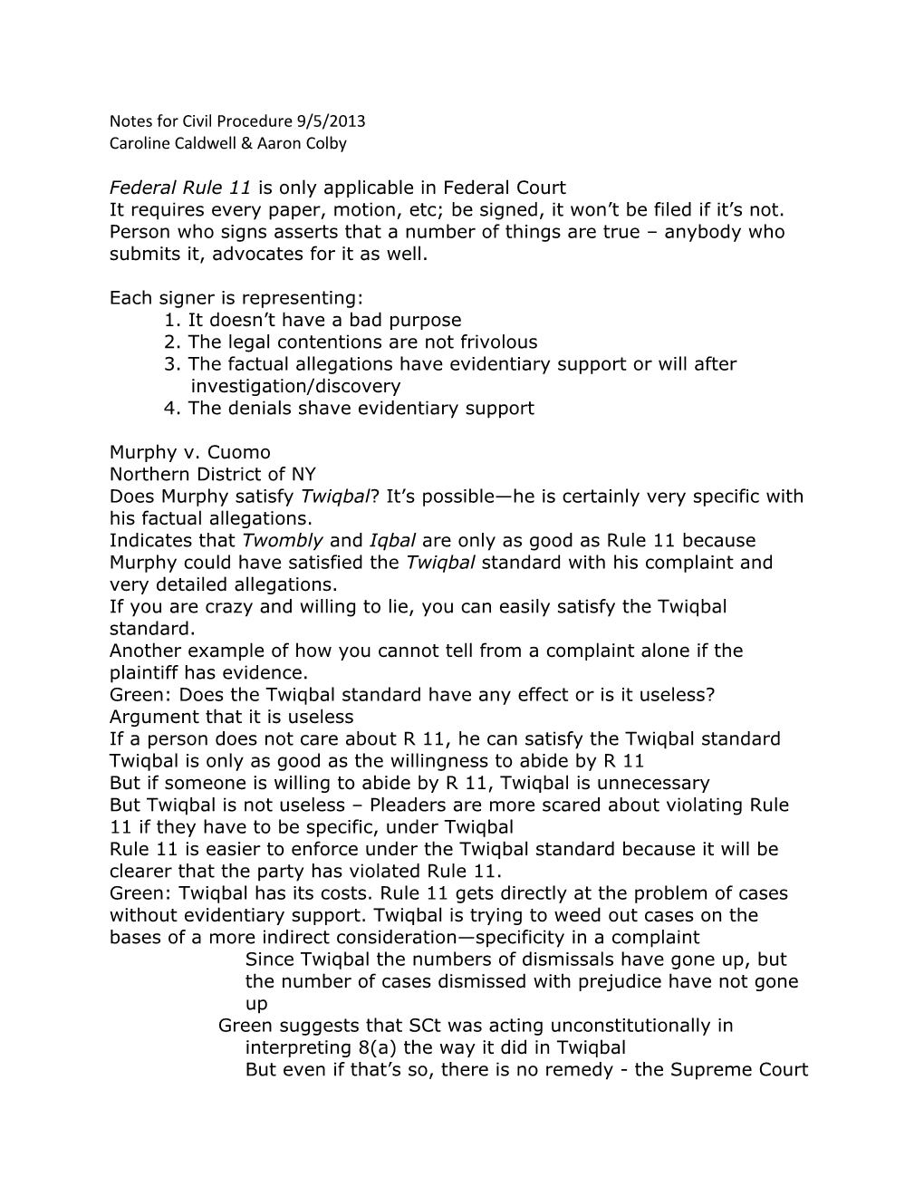 Notes for Civil Procedure 9/5/2013
