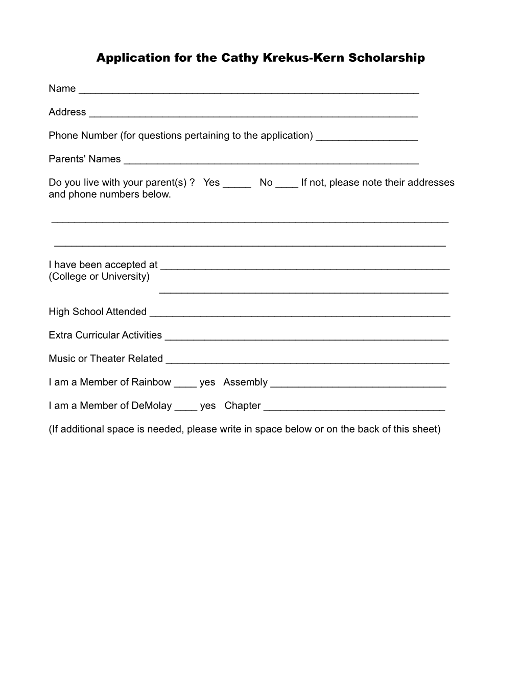 Application for the Cathy Krekus-Kern Scholarship