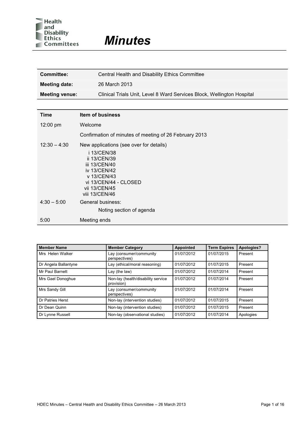 Central Health and Disability Ethics Committee: Minutes 26 March 2013