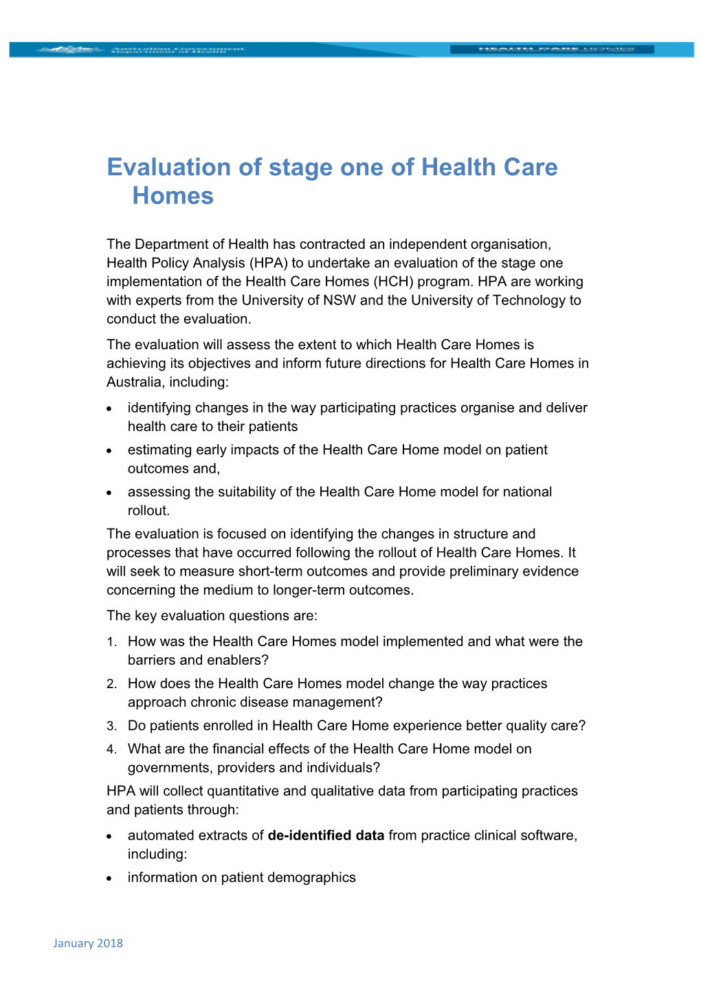 Evaluation of Stage One of Health Care Homes