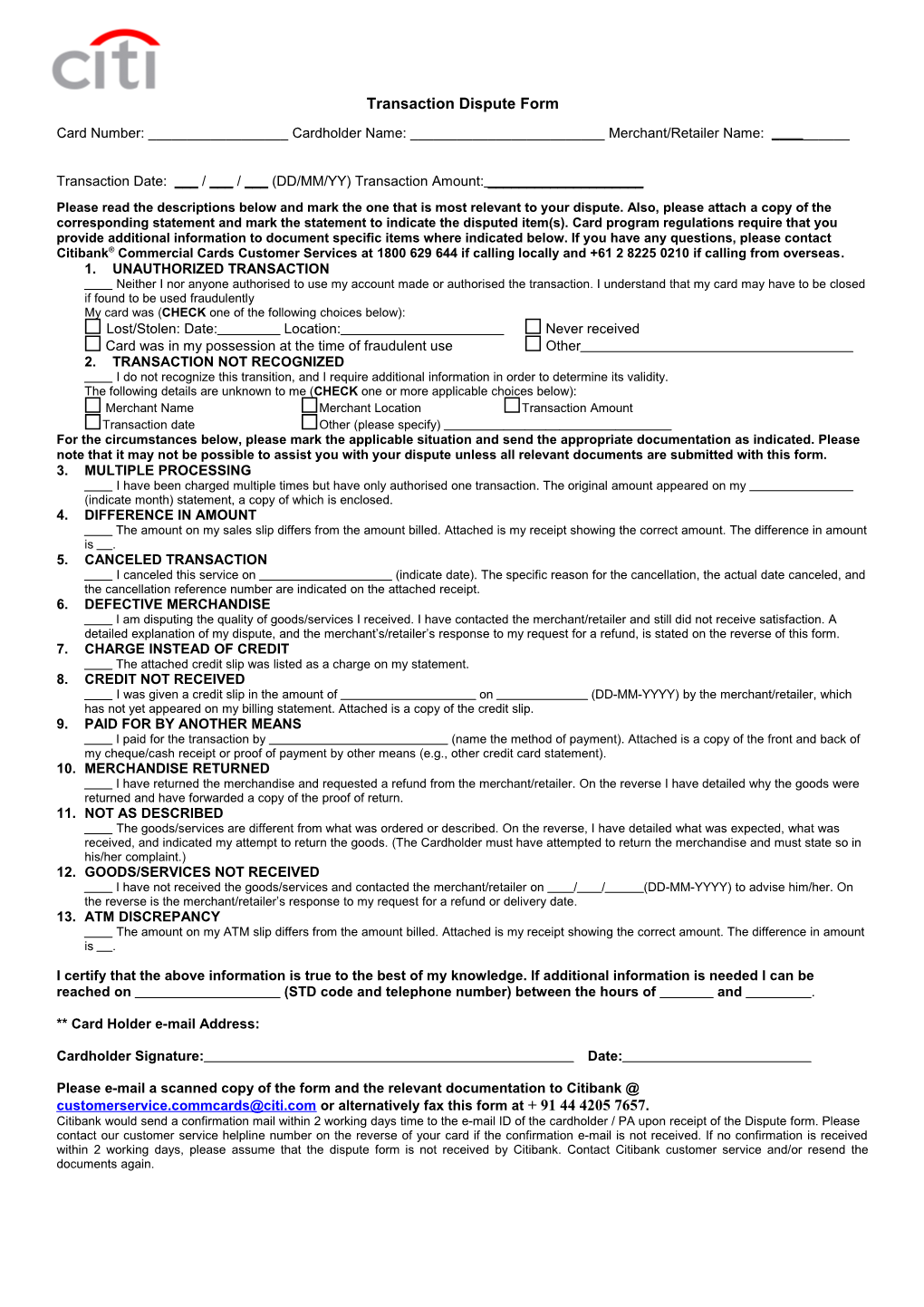 Transaction Dispute Form