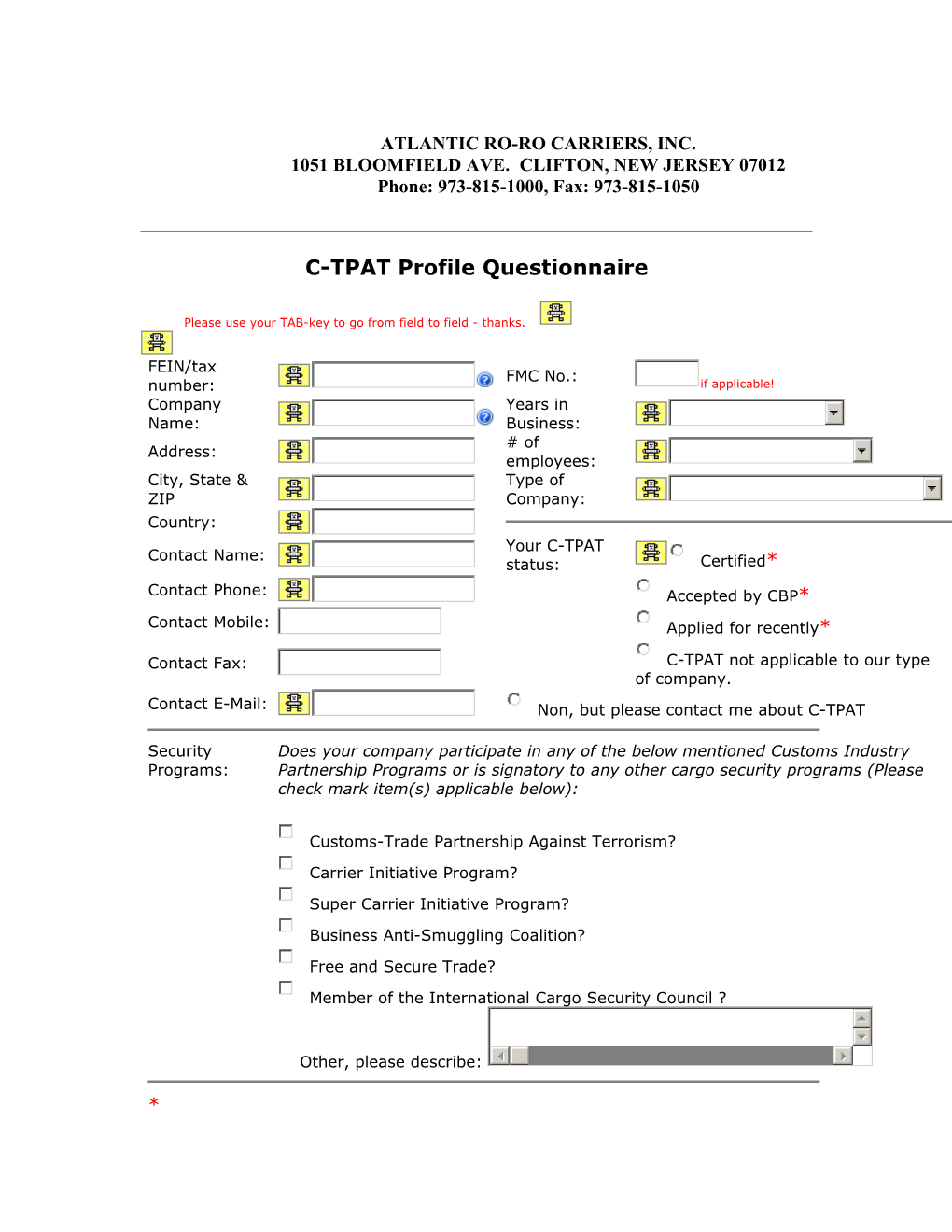 C-TPAT Profile Questionnaire