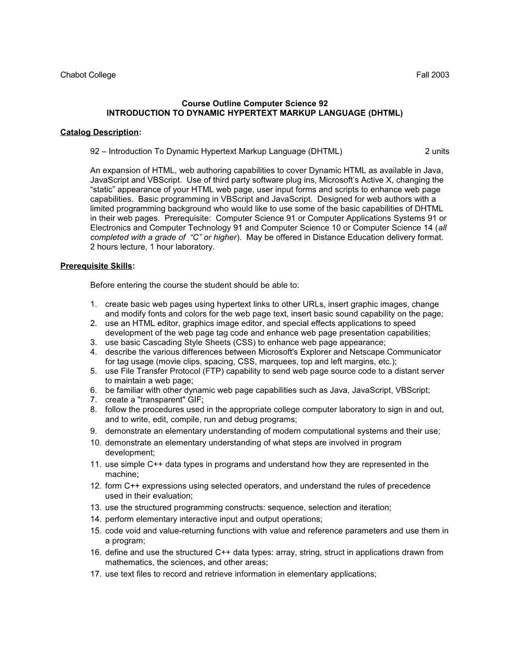 Course Outline for Computer Science 92, Page 2