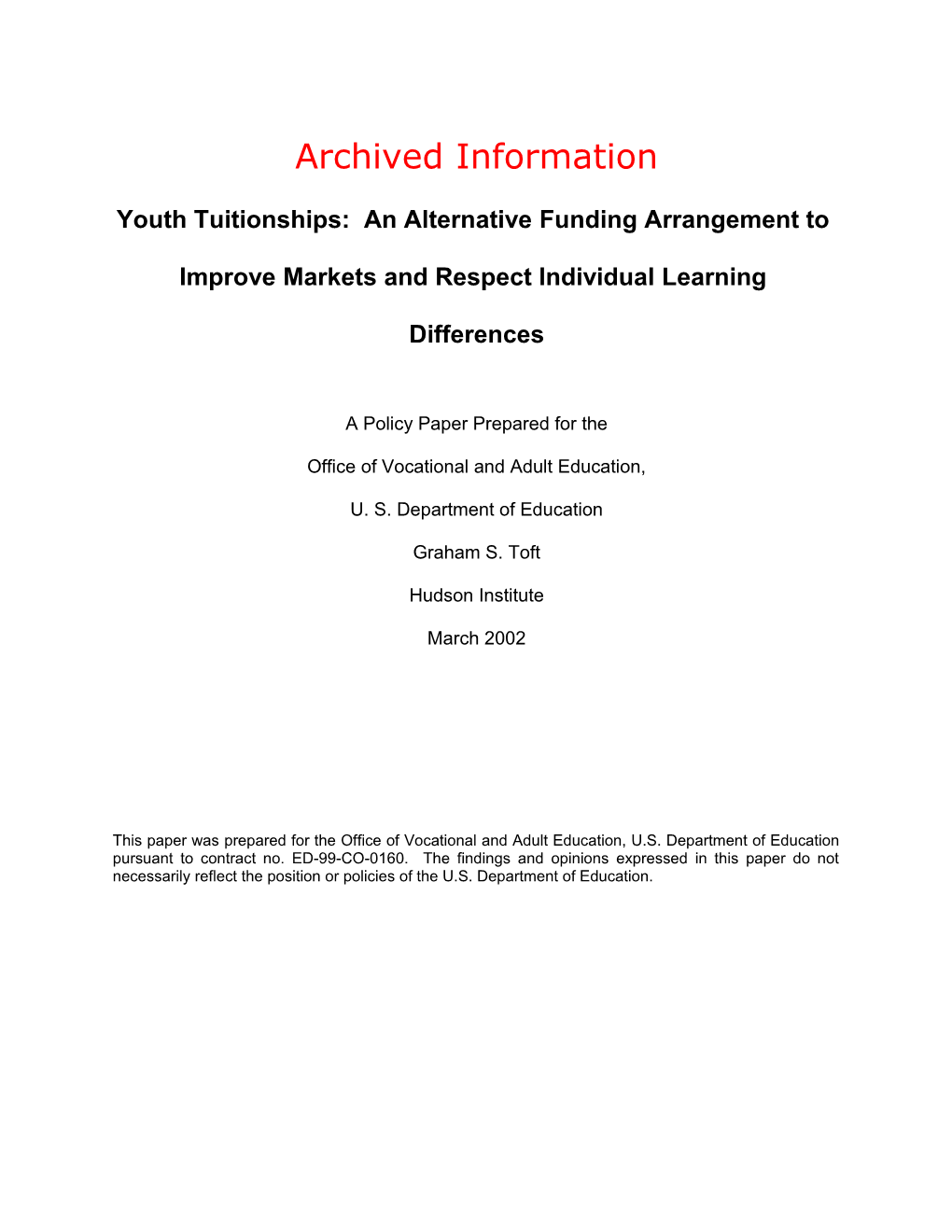 Archived: Youth Tuitionships: an Alternative Funding Arrangement to Improve Markets And