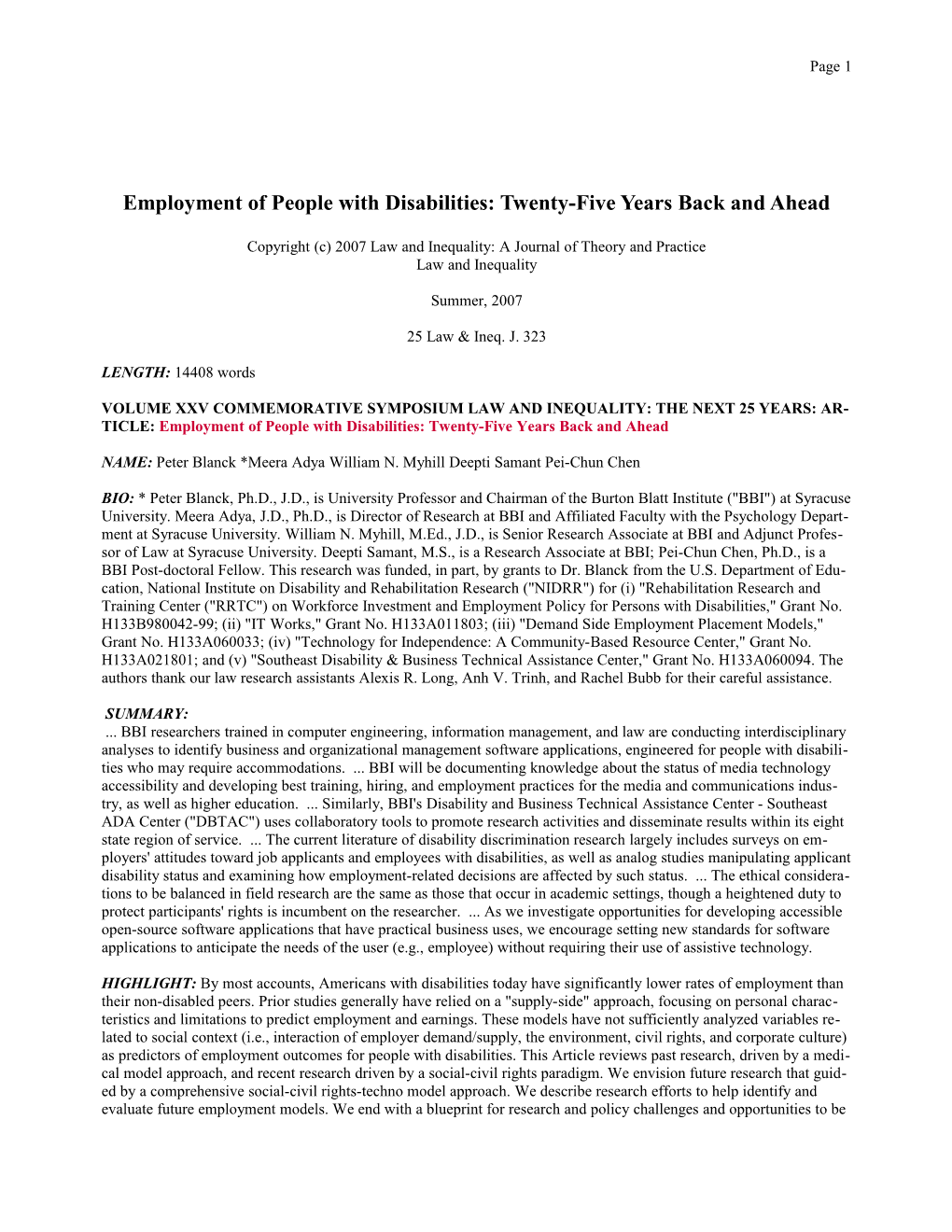 Employment of People with Disabilities: Twenty-Five Years Back and Ahead