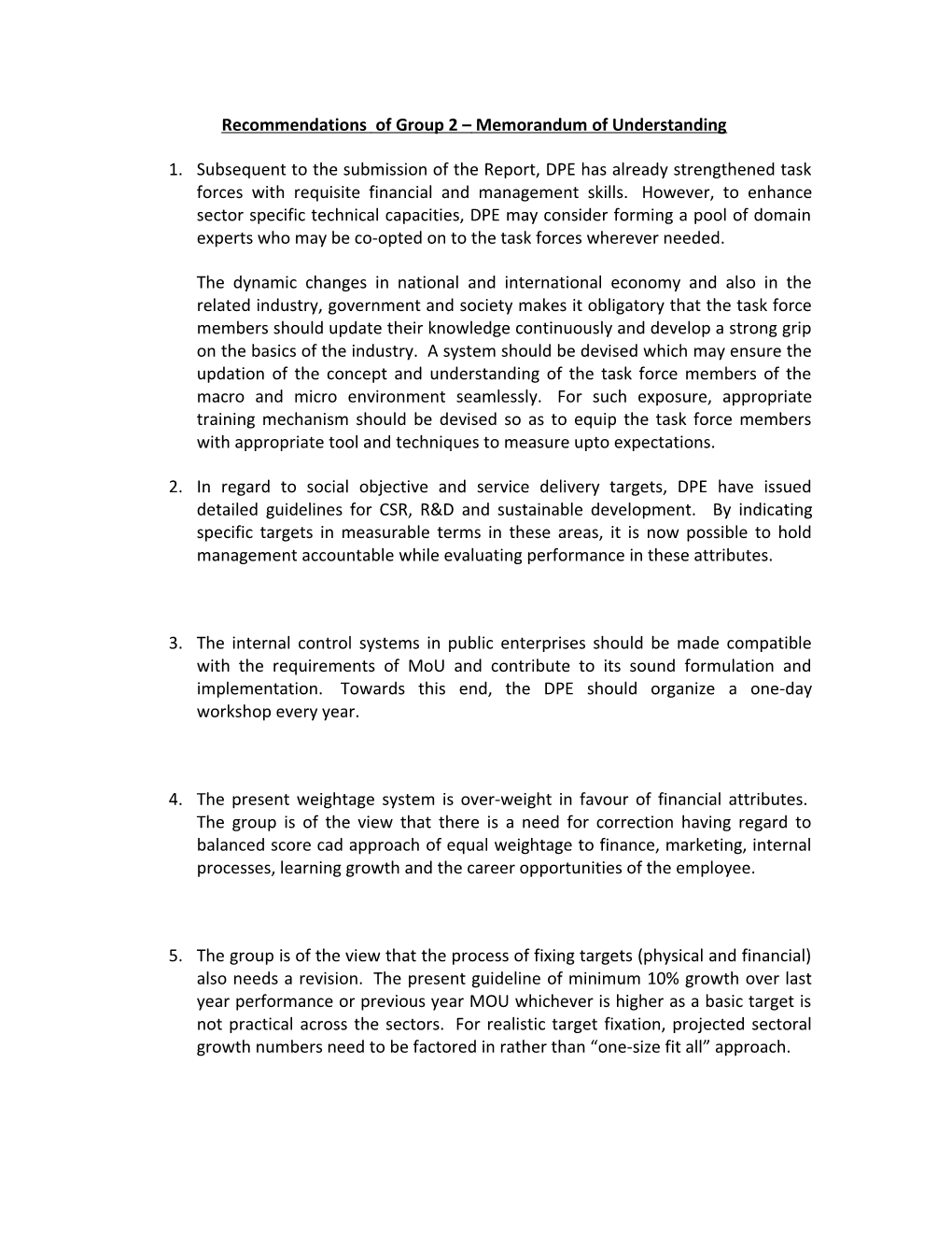 Recommendations of Group 2 Memorandum of Understanding
