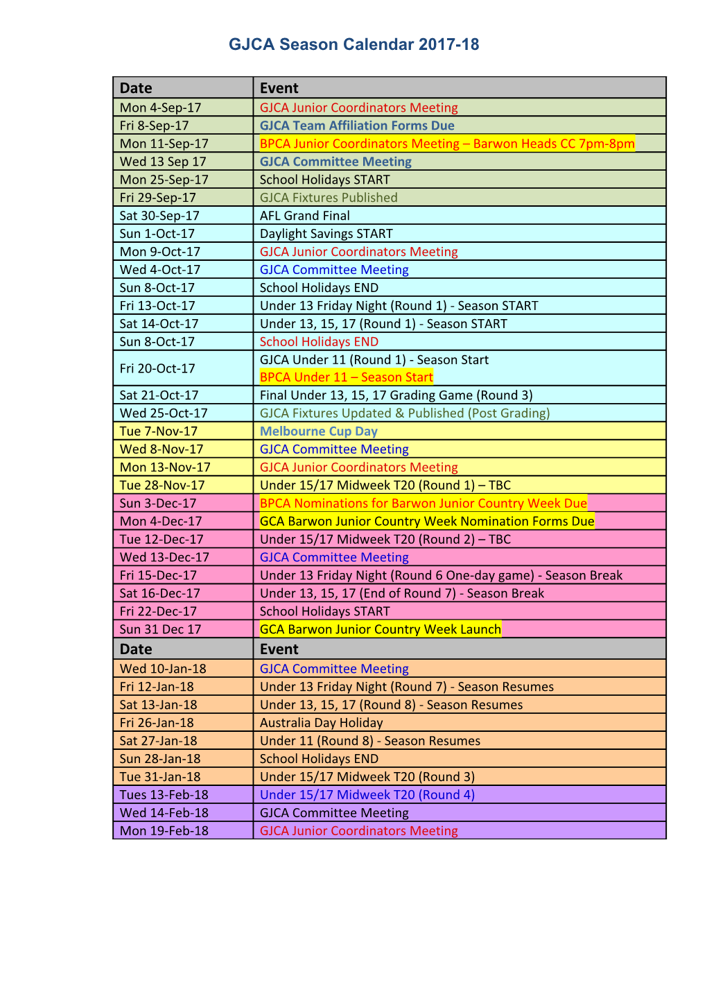 GJCA Season Calendar 2017-18