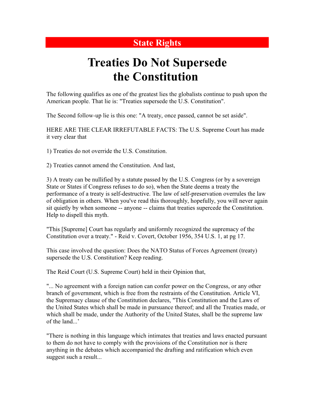Treaties Do Not Supersede the Constitution