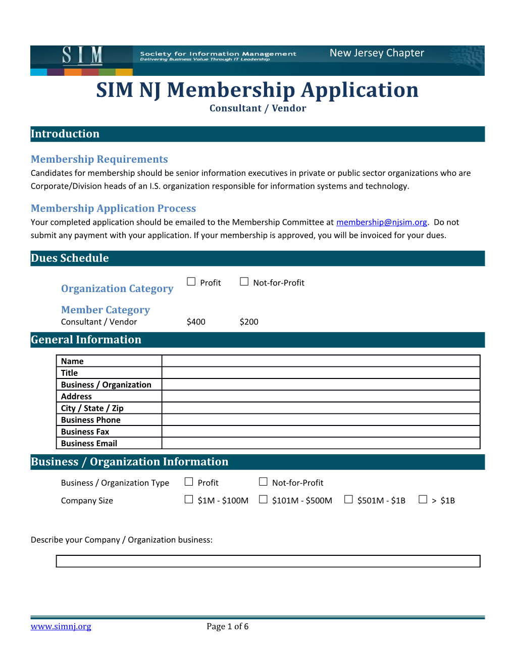 SIM NJ Vendor Application 2012