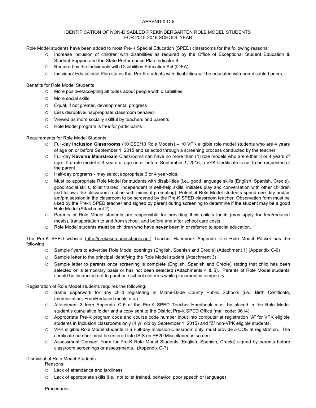 Identification of Non-Disabled Pre-K Role Model Students for 2006-2007 School Year