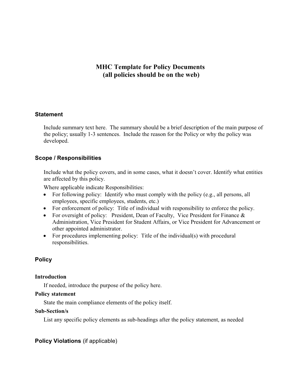 MHC Template for Policy Documents