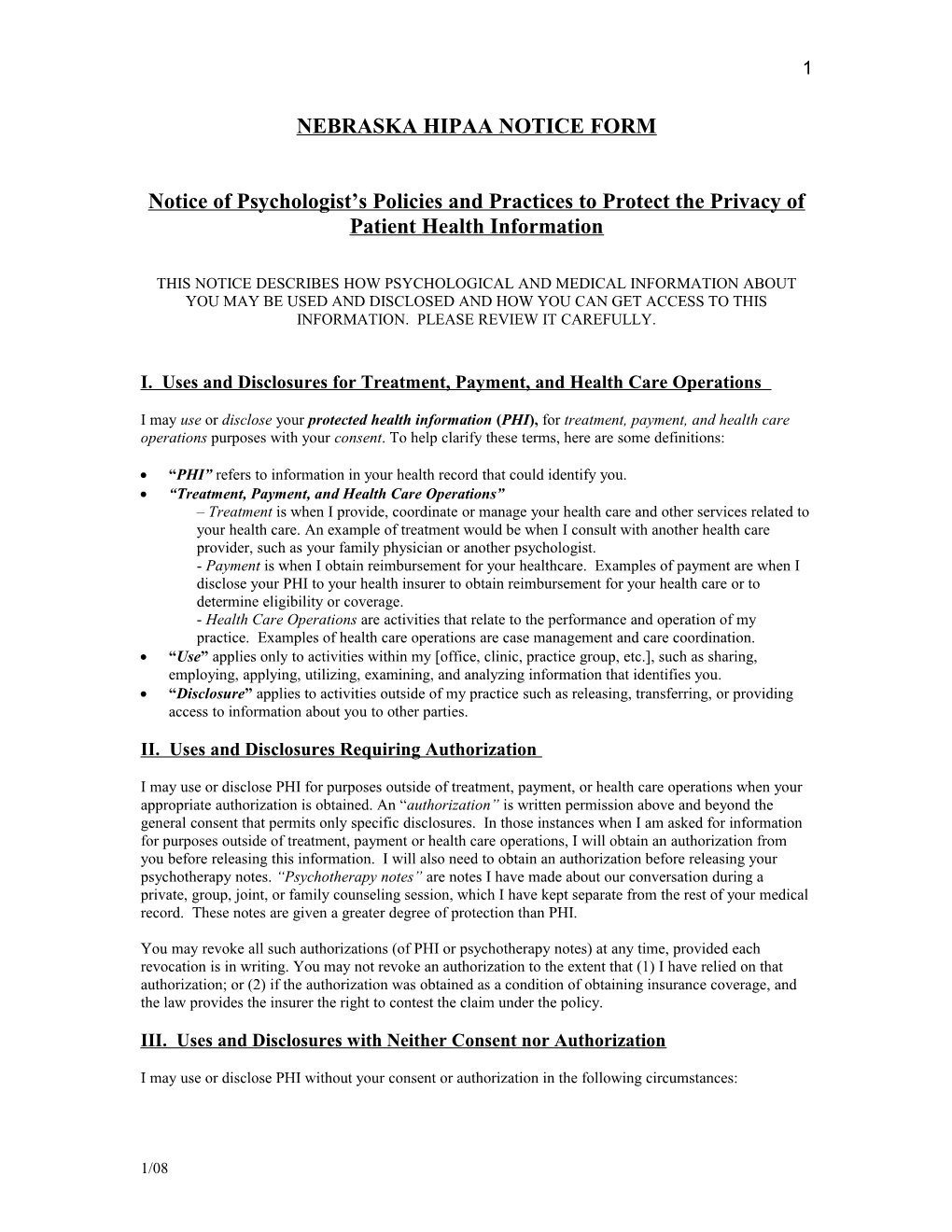 Nebraska Hipaa Notice Form