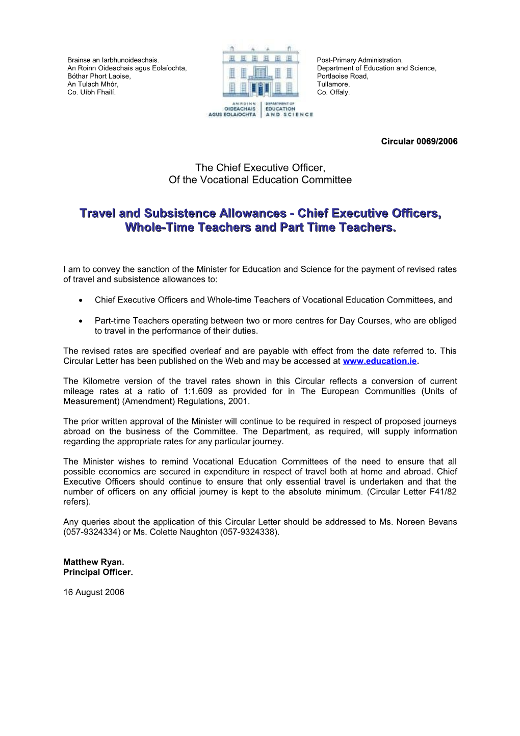 Circular 0069/2006 - Revised Rates of Travel and Subsistence Allowances to Chief Executive
