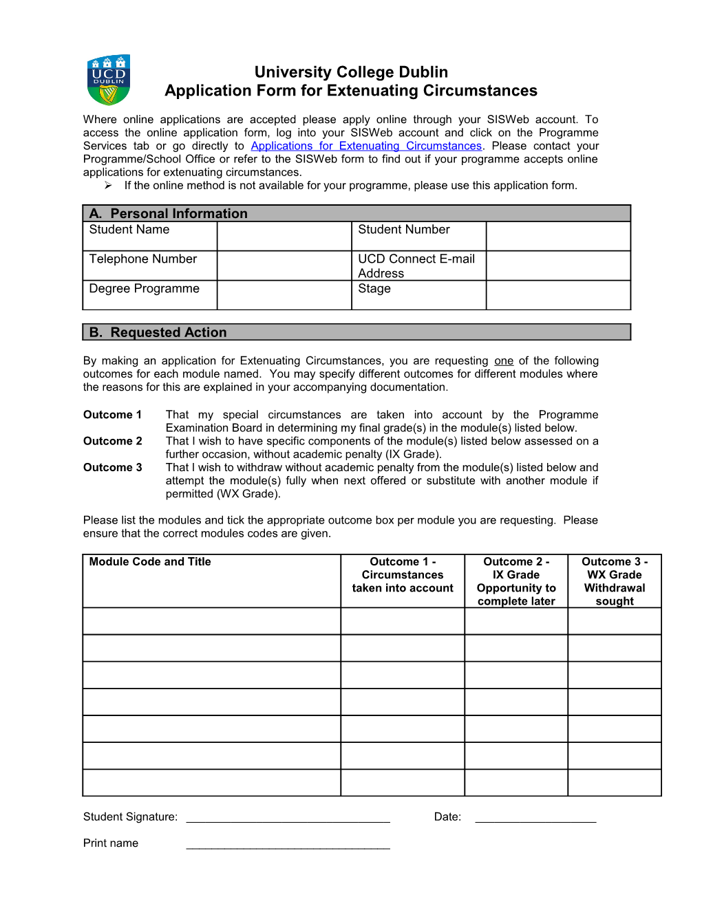 Application Form for Extenuating Circumstances