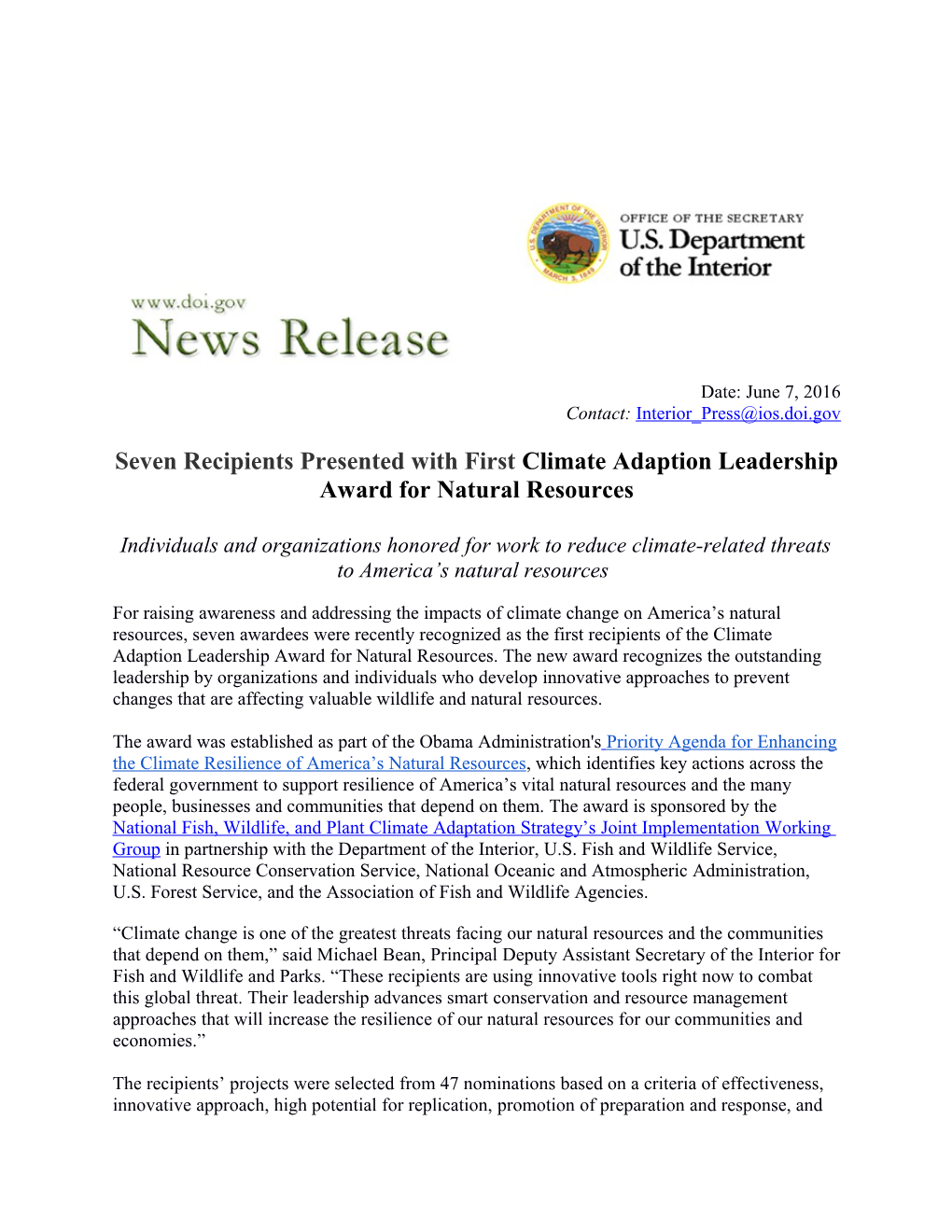 Seven Recipients Presented with First Climate Adaption Leadership Award for Natural Resources