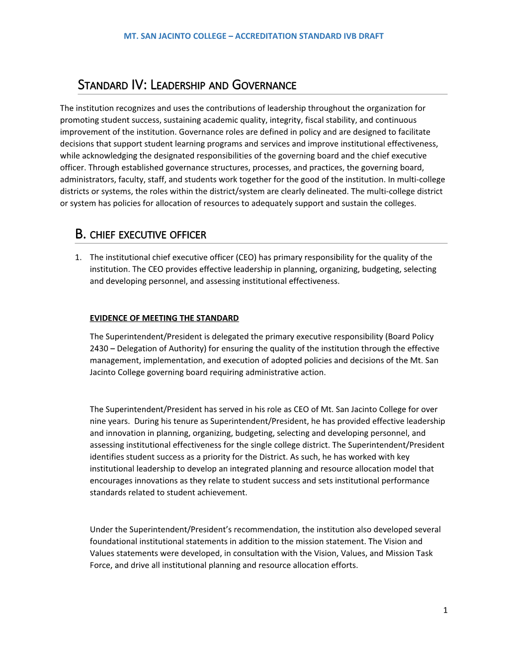 Mt. San Jacinto College Accreditation Standard Ivb Draft