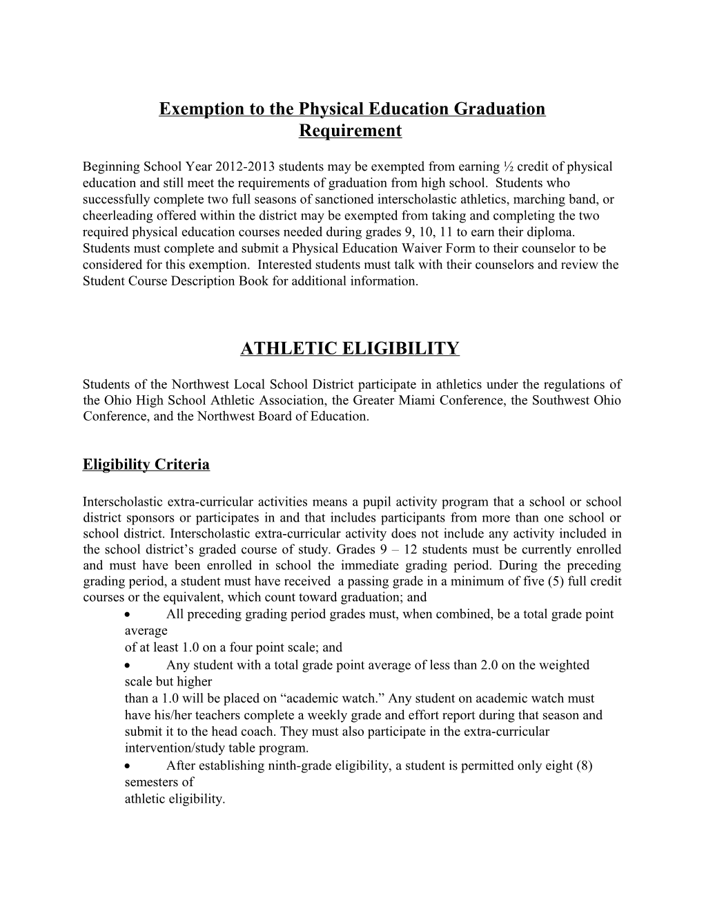 Exemption to the Physical Education Graduation Requirement