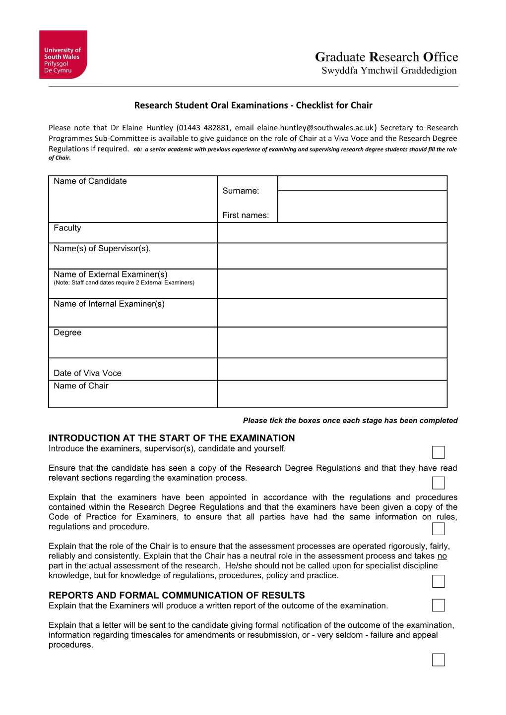 Research Student Oral Examinations - Checklist for Chair