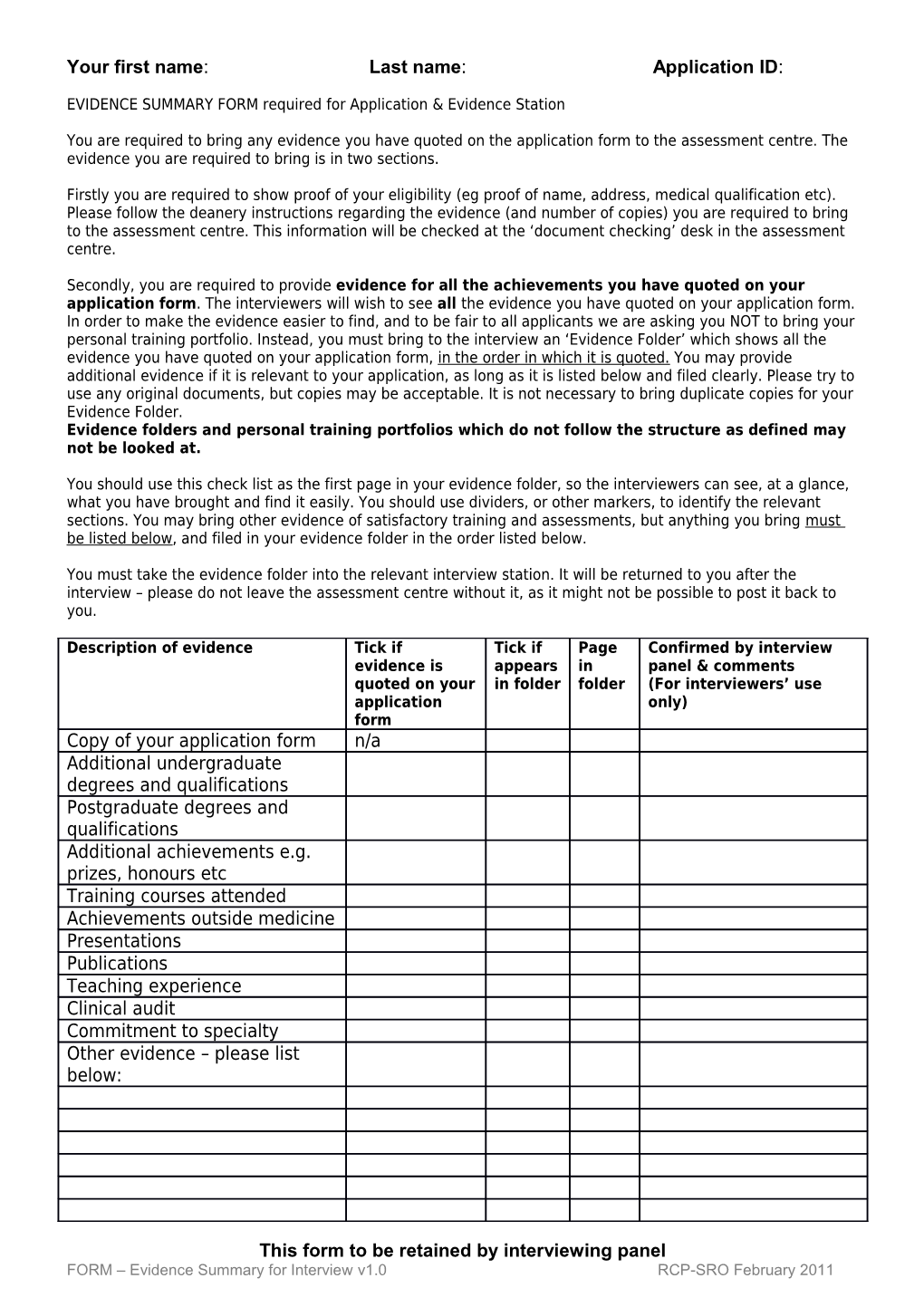 Checklist for Evidence Required in CMT Station 1