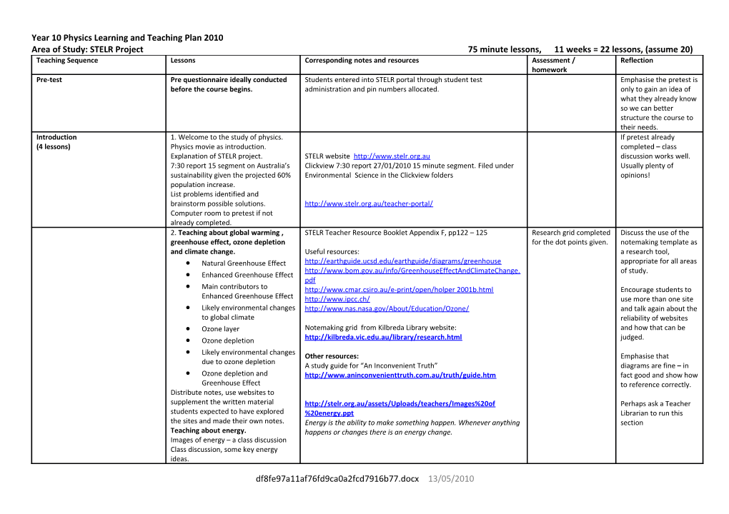 Year 10 Physics Learning and Teaching Plan 2010