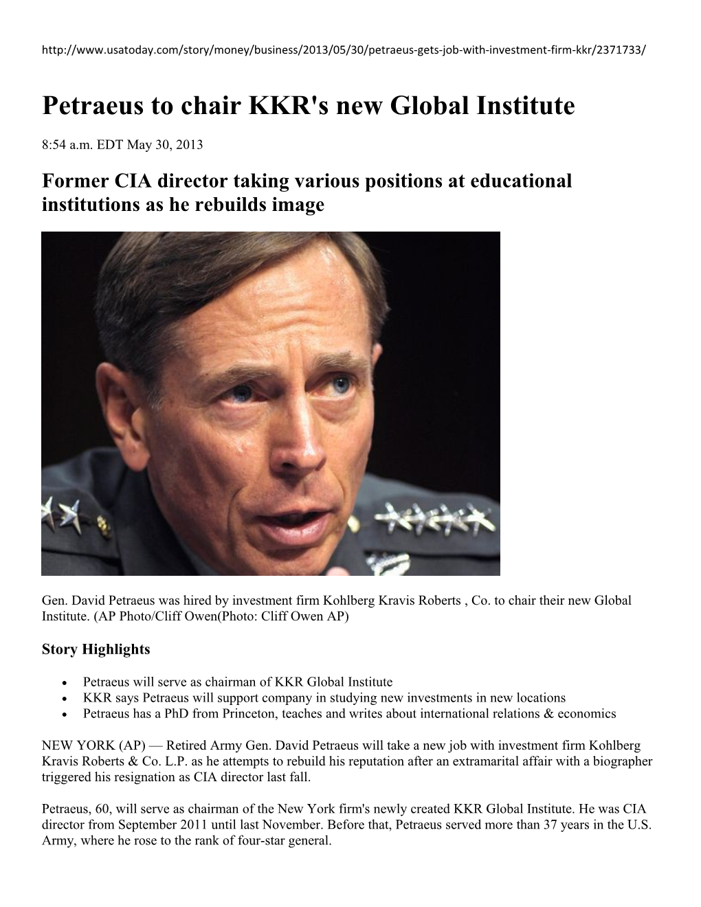 Petraeus to Chair KKR's New Global Institute