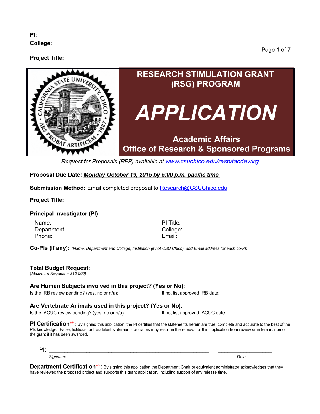 Research Stimulation Grant (RSG) Program Application