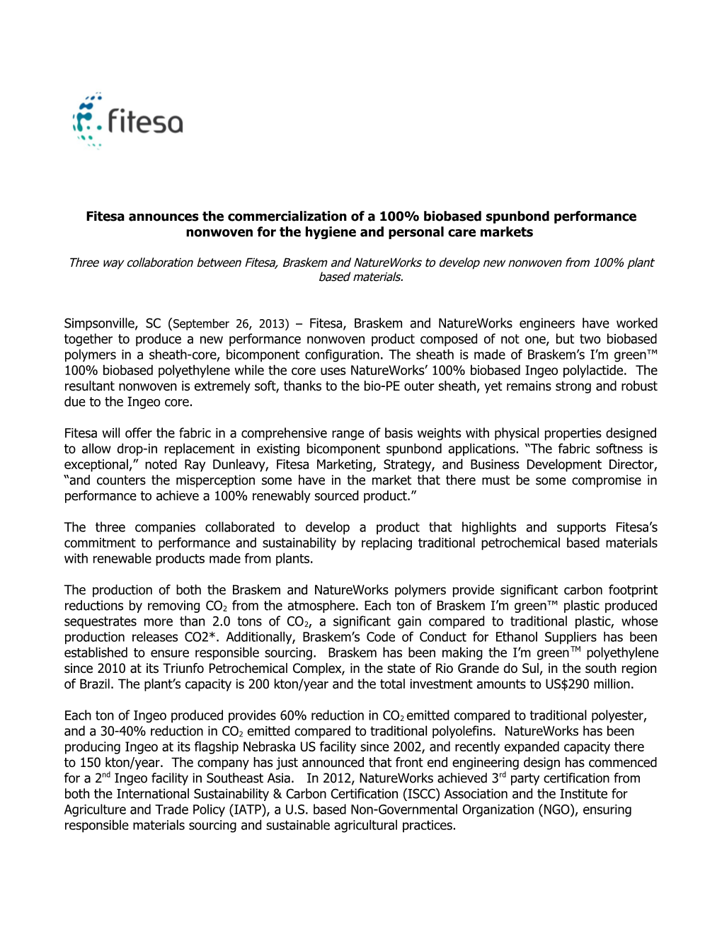 Fitesa Announces the Commercialization of a 100% Biobasedspunbondperformance Nonwoven