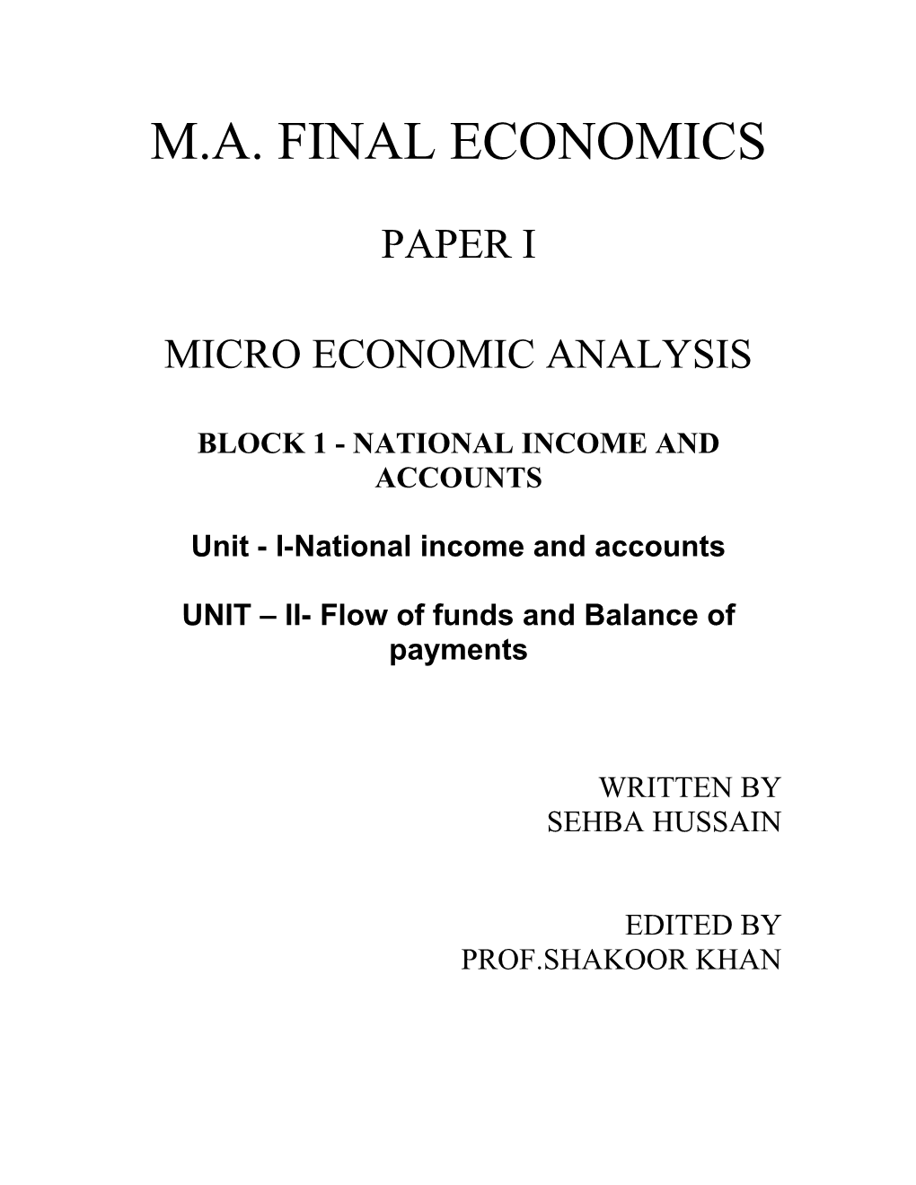 Block 1 - National Income and Accounts