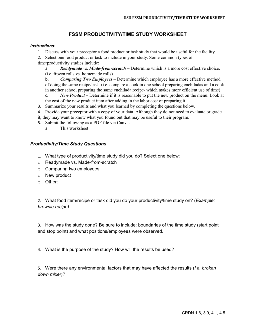 Fssm Productivity/Time Study Worksheet