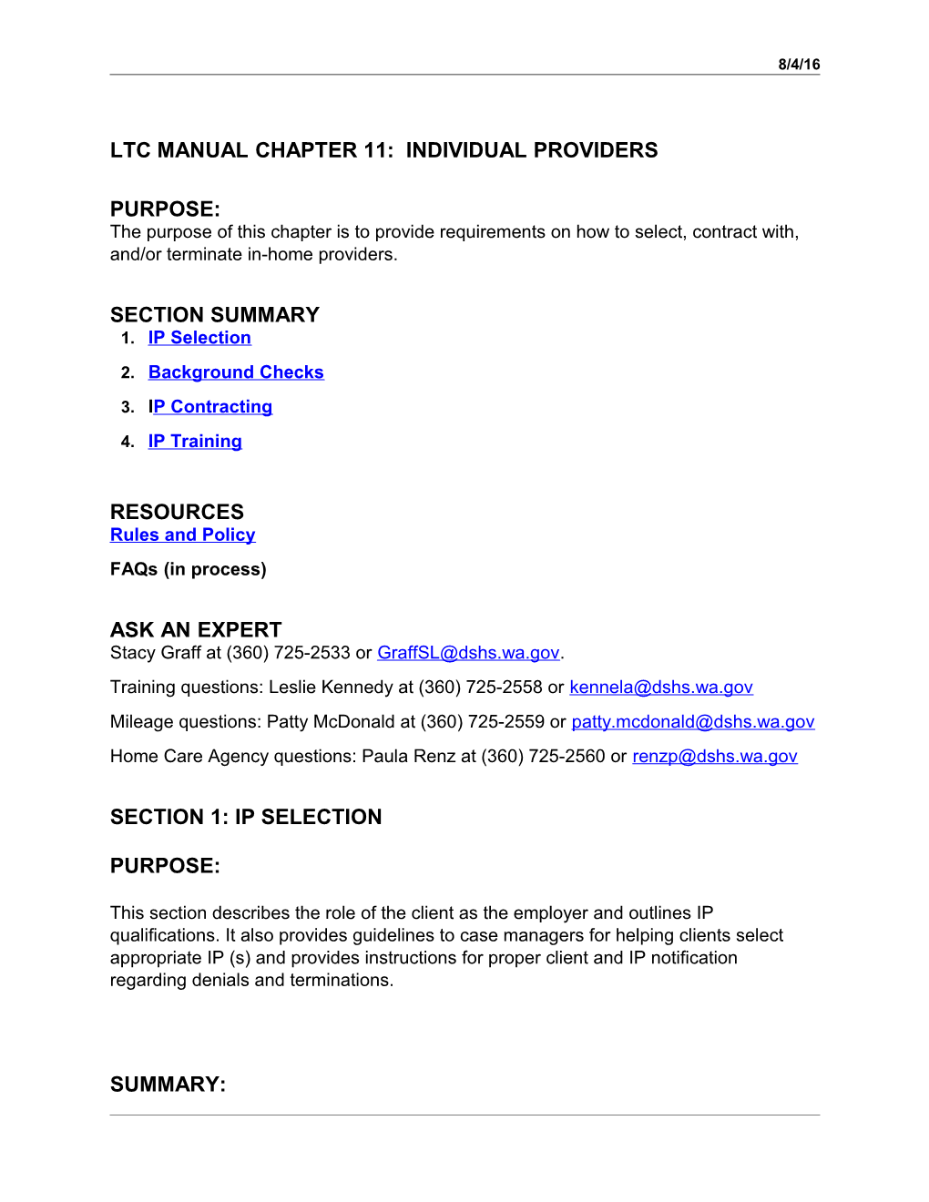 LTC Manual Chapter 11: Individual Providers