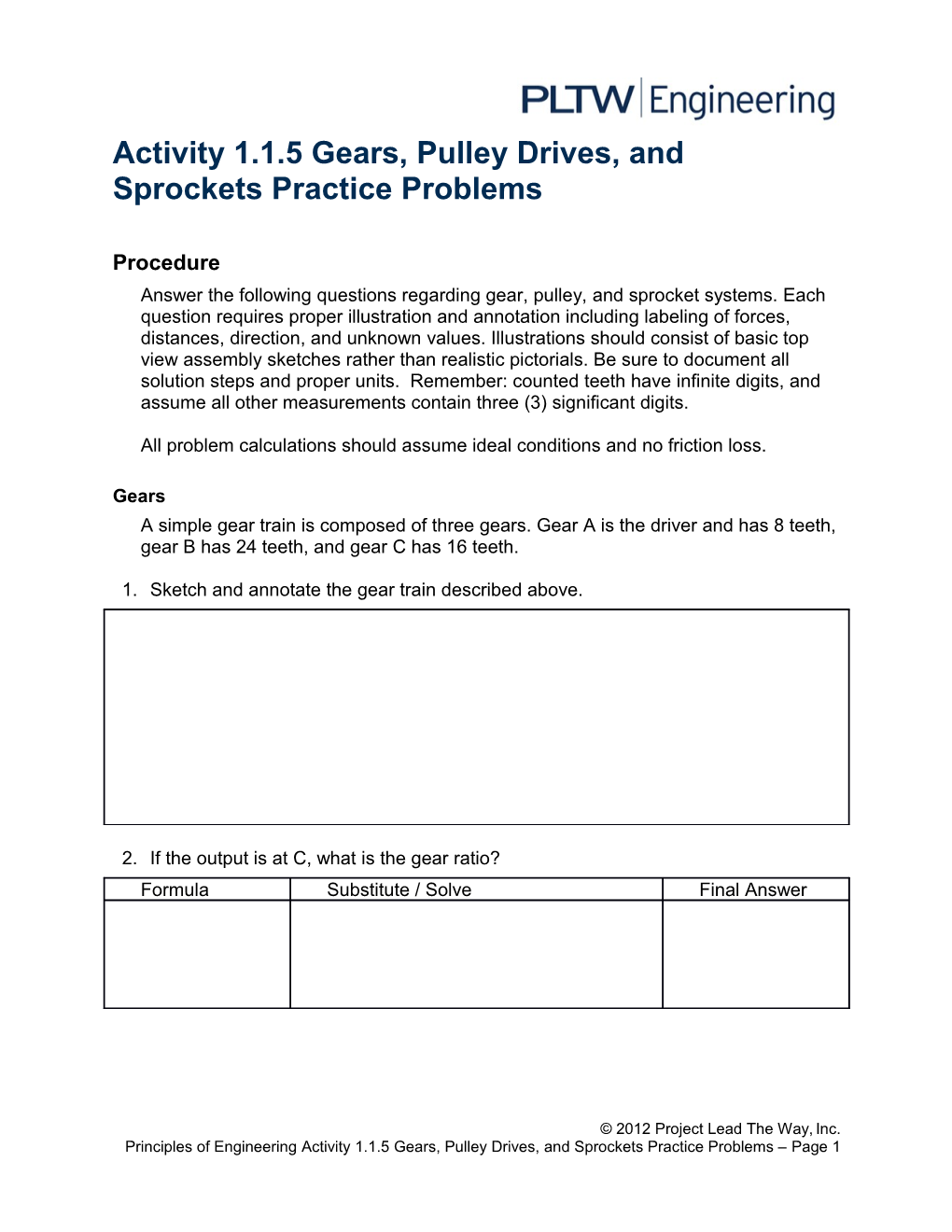 Activity 1.1.5 Gears, Pulley Drives, and Sprockets Practice Problems