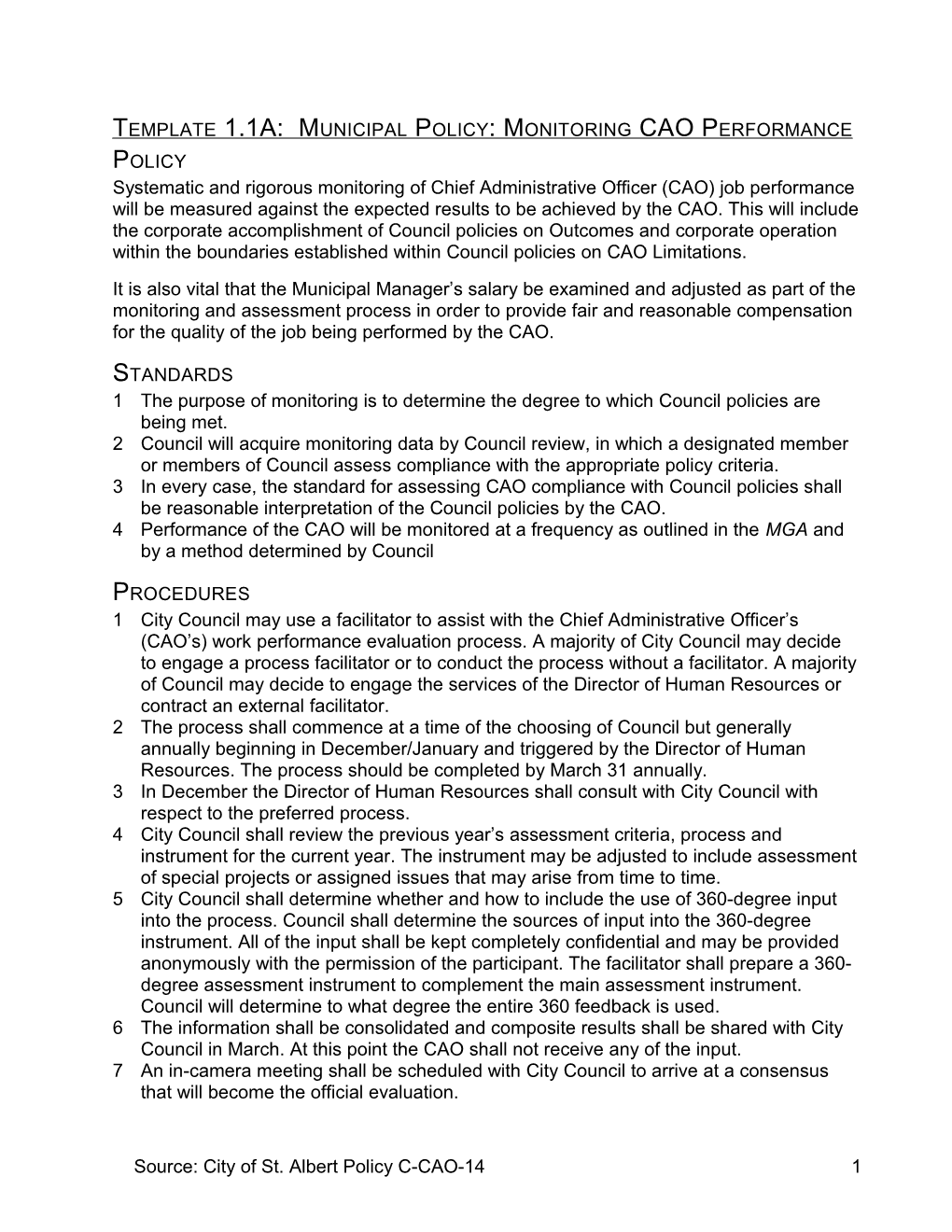 Template 1.1A: Municipal Policy: Monitoring CAO Performance